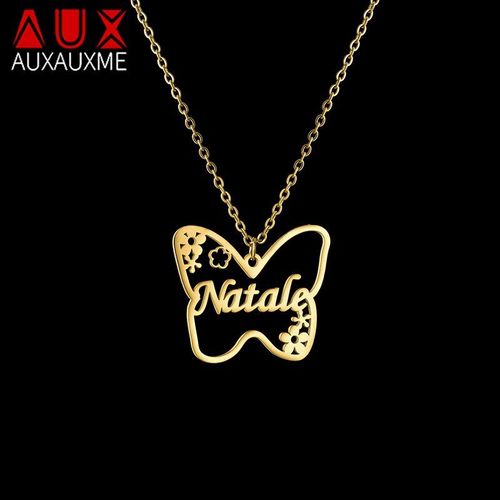 Collier Personnalisé Avec Nom Papillon Et Fleur Pour Femmes, En Acier Inoxydable, Doré, Plaque Nominative, Ras Du Cou, Bijoux, Cadeaux