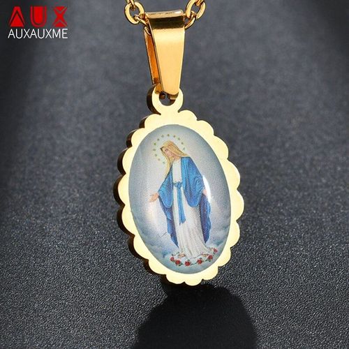 Collier De Vierge Marie Ovale En Acier Inoxydable, Doré, Bleu Chrétien, Cadeau Pour Femmes Et Hommes, 2019