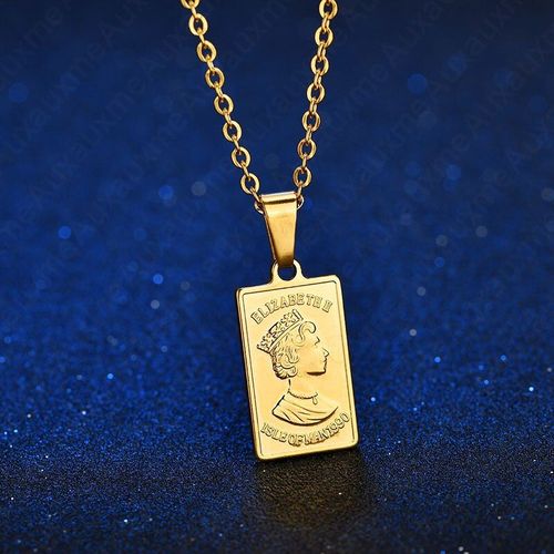 Collier Avec Pendentif Double Face En Acier Inoxydable Doré, Forme Carrée Rétro
