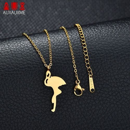 Collier Avec Pendentif Flamant Rose Simple Pour Femmes, En Acier Inoxydable, Doré, Avec Grue À Couronne Rouge, Bijoux Pour Filles
