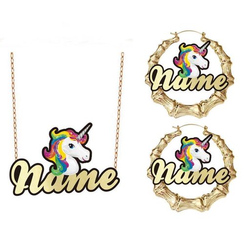 Ensemble De Colliers Et Boucles D'oreilles Personnalisés Avec Nom De Dessin Animé, Mignon, Cheval Rose, Licorne, Design, Bijoux À La Mode, Cadeau Pour Enfants