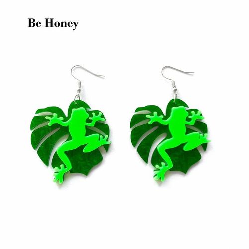 Boucles D'oreilles En Acrylique Pour Femmes, Pendentif À Motif D'ondulation Vert Foncé, Feuilles Monstera Avec Grenouille De Forêt Tropicale Verte