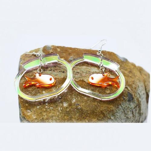 Boucles D'oreilles En Acrylique Irisé, Poisson Rouge Découpé Au Laser Dans Un Bol, Boucles D'oreilles En Forme De Poisson