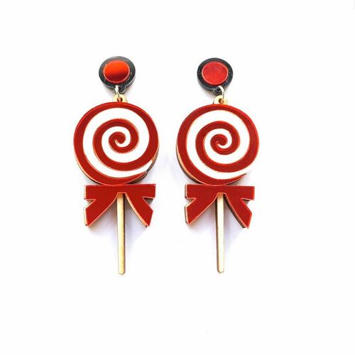 Boucles D'oreilles En Acrylique Pour Femmes, Jolies Sucettes En Or, Rouge Et Rose Avec N¿Ud Papillon Rouge, Bâton De Base En Bois, Bijoux Bonbons Créatifs