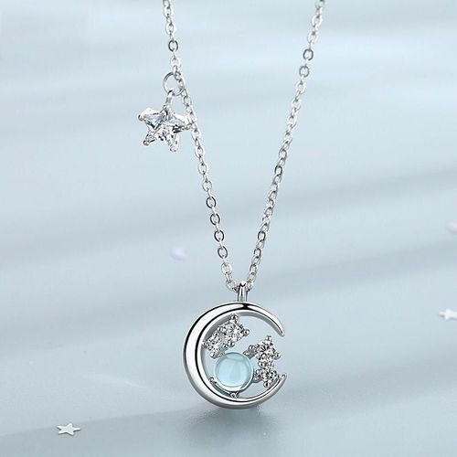 Collier Avec Pendentif En Pierre De Lune Pour Femme, Pendentif En Forme D'étoile, En Argent Sterling, Bleu Ciel, Amour, Cadeau De Saint-Valentin