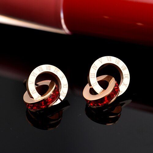 Boucles D'oreilles En Zircon Cubique, Chiffres Romains Brillants, Double Cercle, En Acier Titane, Rose, Pour Fiançailles, Mariage