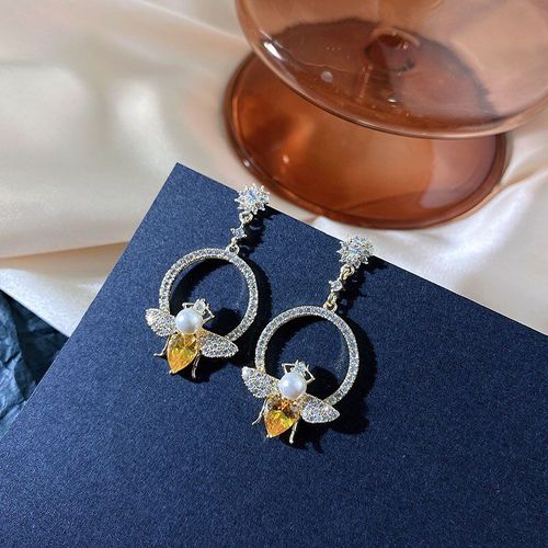 Boucles D'oreilles Abeille Jaune En Cristal Pour Femmes, Bijoux Ronds De Luxe Avec Strass Pour Fête De Mariage