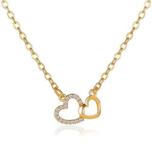 Collier Mignon Double En Forme De C¿Ur Pour Femmes, Pendentif En Zircon Cristal Exquis, Chaîne De Clavicule En Or, Bijoux De Mariage