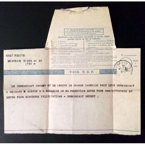 1948 : Tlgramme Voie Tsf Depuis Nha Trang (Vit Nam) Du Commandant Brunet (Groupe De Chasse Dauphin, Aviation)