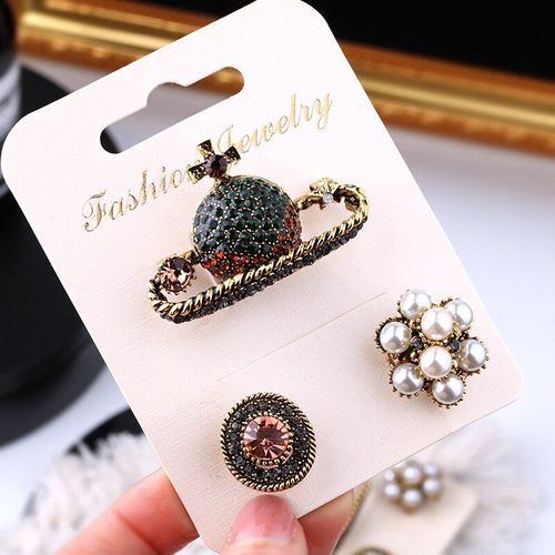 Ensemble De Broches À Fleurs Pour Femmes, 3 Pièces/Ensemble, Vintage, Strass Planète Et Cristal, Badges Ovales, Broches, Bijoux