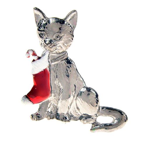Broche Chat Avec Une Chaussette De Noël Dans Sa Bouche, Broche, Animal, Festival, Bijoux, Matériau En Alliage, Couleur Émail Argent