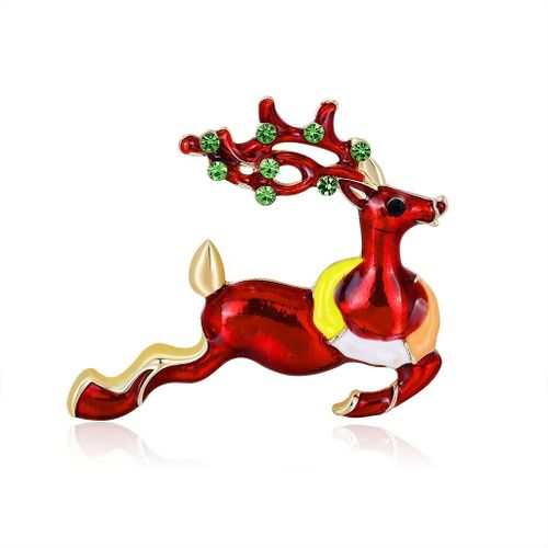Broche De Noël En Forme De Cerf, En Émail Rouge, Avec Strass Vert, Mignon, Animal, Élan, Bijoux D'hiver, Cadeau De Nouvel An, Pour Amis
