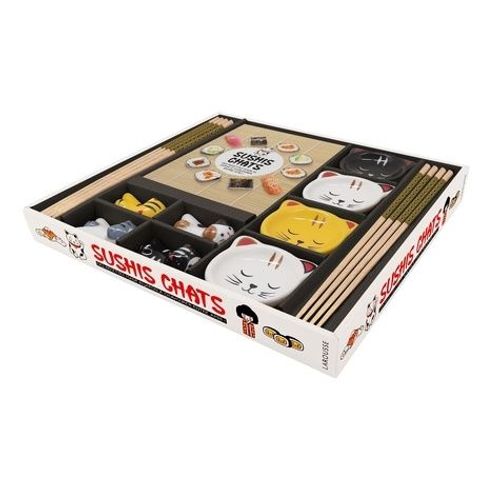 Sushis Chats - Coffret Avec 4 Coupelles À Sauce, 4 Repose-Baguettes En Céramique, 4 Paires De Baguettes, 1 Livret De Recettes