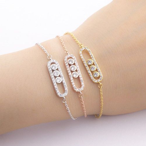 Bracelets À Main En Or Rose Et Zircon Cubique Pour Femme, Breloques Pavées Aaa, 3 Perles En Cristal, Chaîne