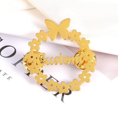 Broche Personnalisée En Forme De Papillon Pour Femme, En Acier Inoxydable, Couleur Or, Nom Arabe, Fleur
