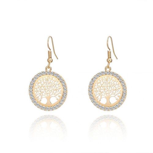 Boucles D'oreilles Rondes En Cristal Doré Pour Femmes, Nouvelle Mode, Motif Arbre De Vie, Ajouré, Bijoux Cadeau, 2021