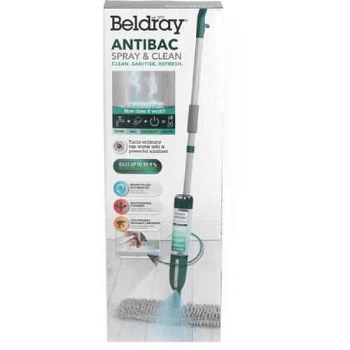 BELDRAY Antibac Spray & Clean Mop - Balai éléctrique avec spray - Bouteille d'eau réutilisable 400ml - Tampon de balai en microfibre