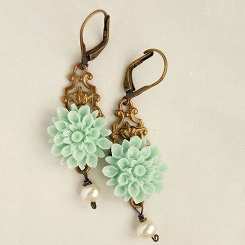Boucles D'oreilles Gravées Vintage Pour Femmes, Couleur Verte, En Forme De Fleur, Imitation Perle, À La Mode, 40t202