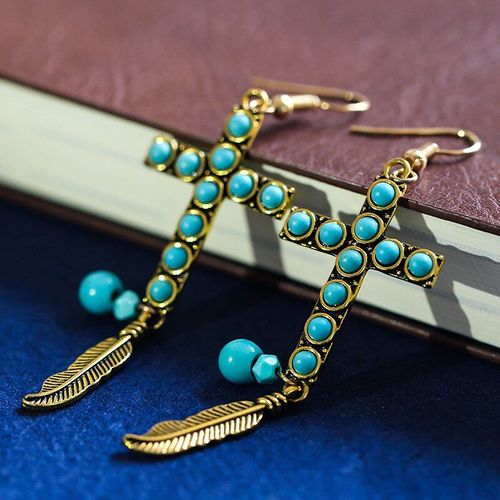 Boucles D'oreilles Vintage En Pierre Verte Incrustée, Crochet Croisé Pour Femmes, Pendentif Plume En Métal, Boucles D'oreilles Goutte, Fête Bohème Mode Bijoux