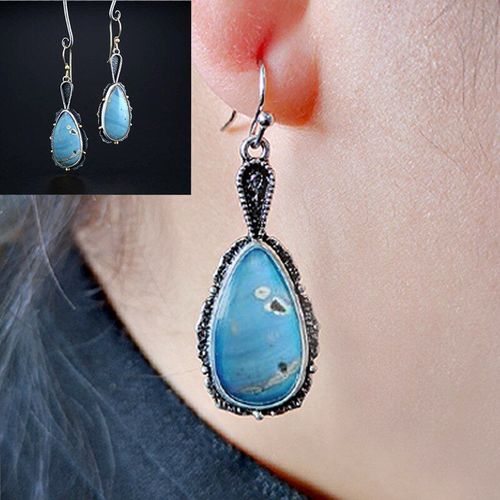 Boucles D'oreilles Vintage Ovales Bleues En Résine Pour Femmes, Bohémien, Bords Dentelés, Pendentif Long, Crochet, Bijoux À La Mode, Vente En Gros