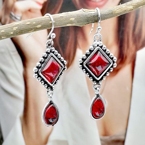 Boucles D'oreilles Bohème Rouge En Pierre Cardinale Pour Femmes, Bijoux Indiens, Gitans, Ethniques, Onyx, Vintage, Couleur Argent, 2020, Z3m066