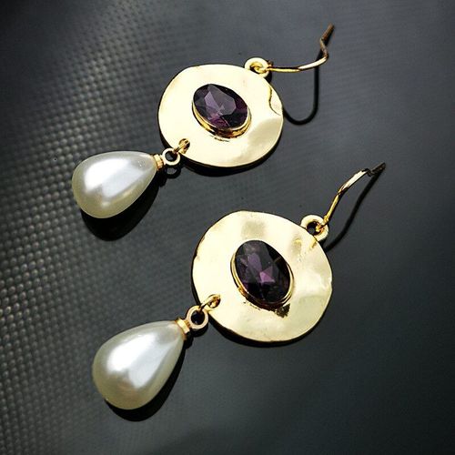 Boucles D'oreilles Vintage En Cristal Incrusté De Perles, Pendentif Disque Violet, D279