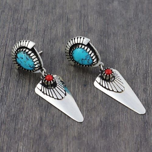 Boucles D'oreilles Style Bohémien Pour Femmes, Bleu Et Orange, Pendentif Bouclier Triangulaire, Plume, Bijoux Tendance En Résine Perlée, 04m796