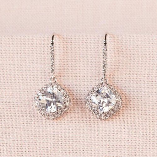 Boucle D'oreille Classique Élégante Pour Femmes, Couleur Argent, Incrustation De Pendentif Carré Multicolore En Zircone, Grande Boucle D'oreille De Mariage, Bijoux À La Mode