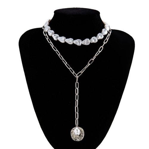 Collier Ras Du Cou En Perles Baroques Blanches Goth, Déclaration Multicouche, Pendentif De Pièce Irrégulière, Longue Chaîne, Bijoux Pour Femmes