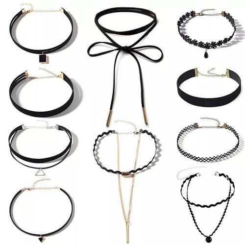 Collier Chaîne En Flanelle De Couleur Noire Punk Pour Femmes, Pendentif Géométrique À La Mode, Collier Ras Du Cou, Lariat Gothique, Bijoux, 10 Pièces/Ensemble