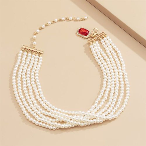 Collier Ras Du Cou Multicouches Imitation Perles Pour Femmes, Bijoux De Luxe Avec Pendentif En Strass Rouge Pour Mariage