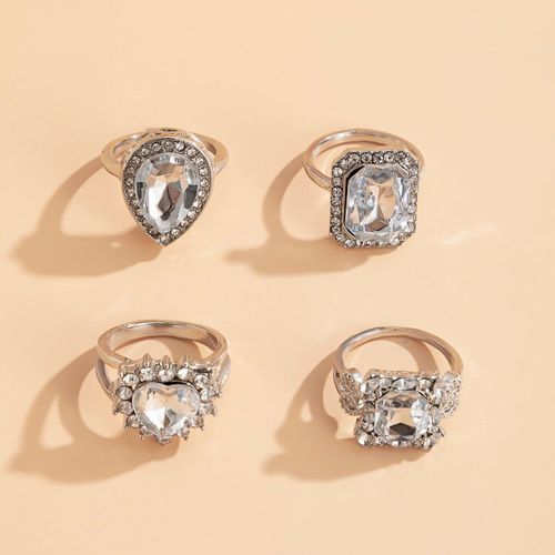 Ensemble De 4 Bagues Géométriques Bohémiens Pour Femmes, Accessoires De Bijoux, Fiançailles, Mariage, Mariée, Cristal Clair, Strass