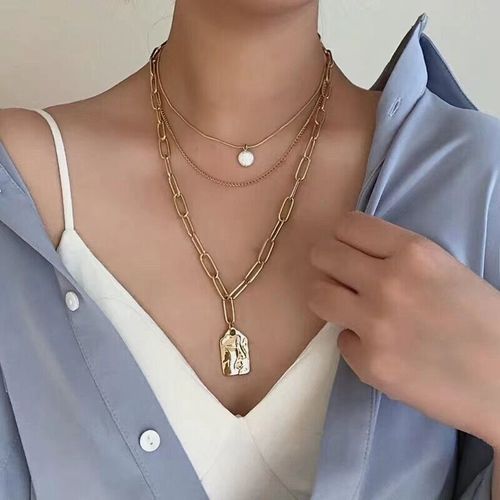 Collier Avec Pendentif Multicouches Pour Femmes, Chaîne Épaisse En Métal, Style Punk, Vintage, Perle, Portrait, Alliage, Ras Du Cou, Bijoux À La Mode, 2021