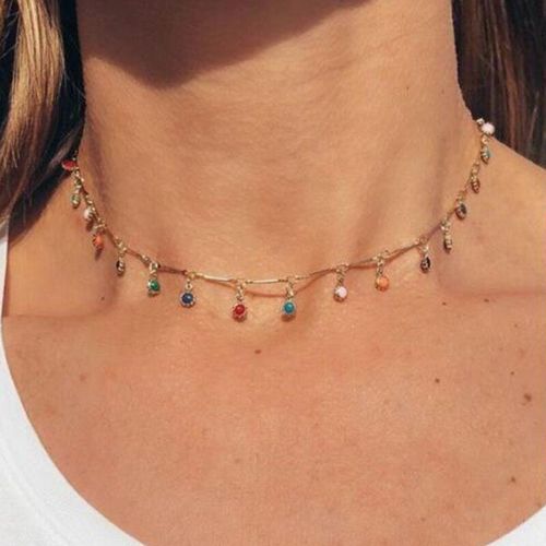 Collier Bohème Doré Pour Femmes, Ravissant Ras De Cou En Chaîne De Pierres Colorées, Bijoux De Fête Faits À La Main, Vente En Gros
