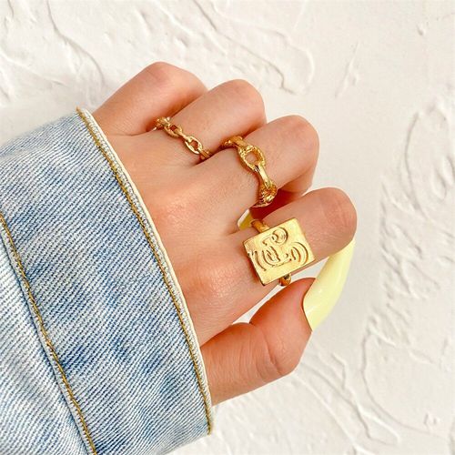 Ensemble De Bagues Punk En Alliage Doré Pour Femmes, Chaîne En Métal Lourd, Vintage, Géométrique Carré, En Métal, Bijoux Cadeau