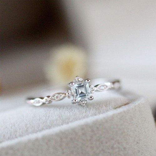 Bague De Fiançailles En Cristal Bleu Carré Simple Pour Femmes, Glamour Géométrique, Couleur Argent, Bijoux Élégants Et Frais À La Mode