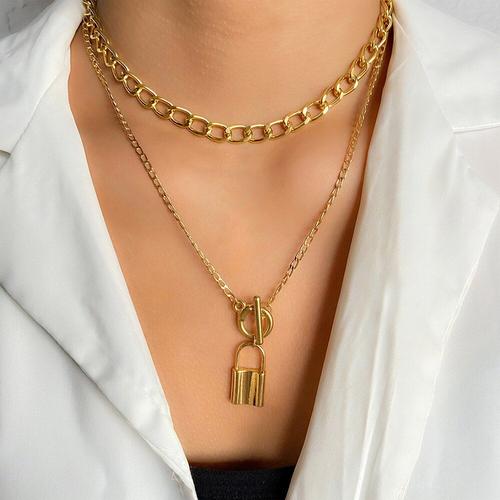 Collier Avec Pendentif En Métal Pour Femmes, Chaîne Épaisse, Fermoir À Bascule, Rétro, Or, Tendance, Ras Du Cou, Bijoux Cadeau