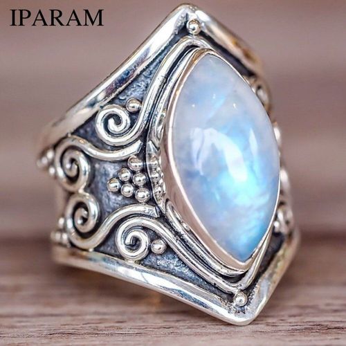 Bague De Mariage En Opale Pour Homme Et Femme, Bijou Style Bohème, Vintage, Couleur Argent, Grande Pierre, Cadeau, 2019