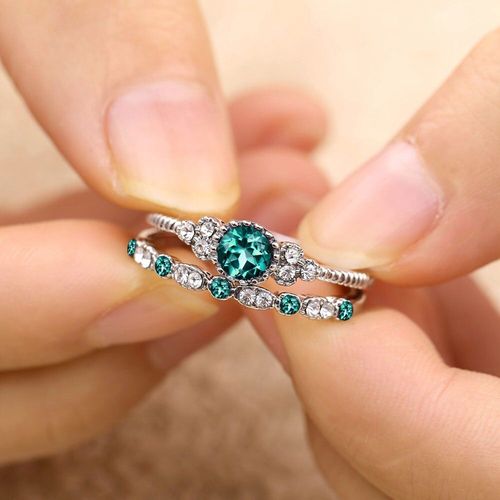 Bagues De Luxe En Cristal Pour Femmes, Couleur Argent, Verte Et Bleue, Bijoux De Fiançailles, De Mariage, Pièces/Ensemble, 2018, Livraison Directe