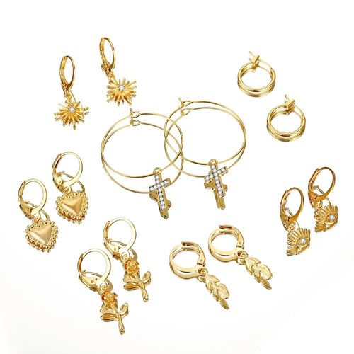 Ensemble De Boucles D'oreilles En Cristal Pour Femmes, Style Bohème, Vintage, Croix, C¿Ur, Rose, Fleur Géométrique, Cerceau, Pendentif, Bijoux