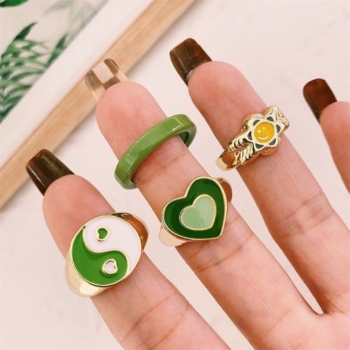 Ensemble De Bagues En Forme De C¿Ur Pour Femmes, Vintage, Vert, En Alliage Acrylique, Large, En Résine Or, Jointures Géométriques, Bijoux Cadeau Y2k