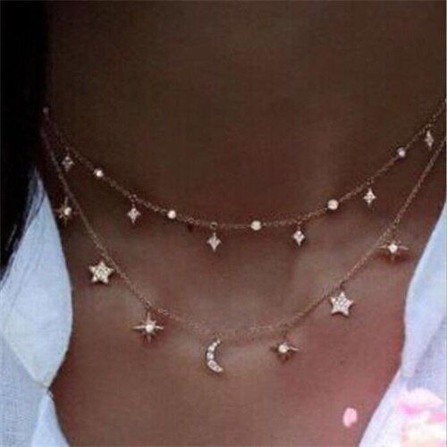 Collier Bohème Multicouches En Cristal Avec Étoiles Et Lune Pour Femmes, Bijou Doré Vintage À La Mode, Cadeau De Fête, 2019