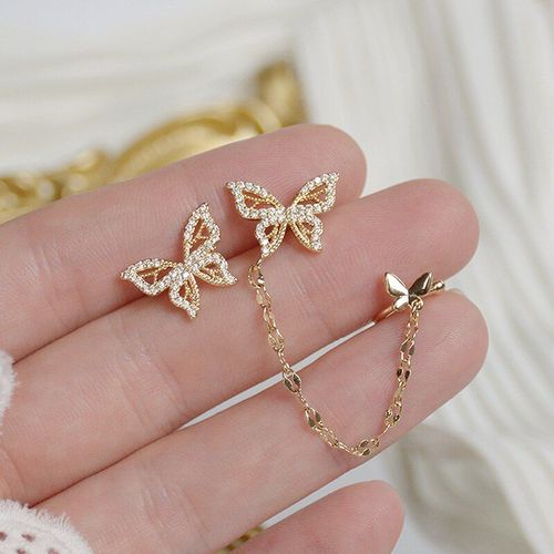 Boucles D&#39oreilles En Or Véritable 14k Zircone Papillon, Élégantes, Clip En Os, Bijoux De Fiançailles, Pendentif