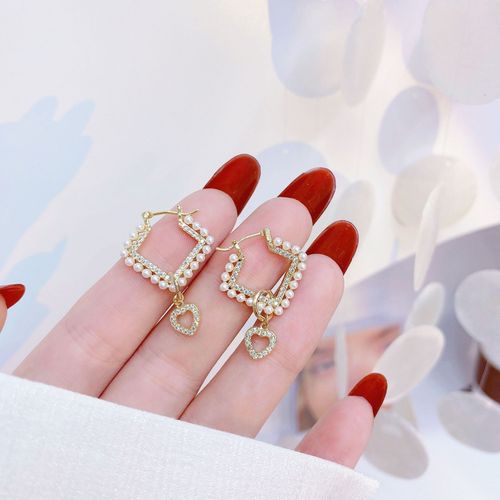 Boucles D'oreilles En Diamant Géométrique Minimaliste Coréen Pour Femmes, Pendentif De Luxe Incrusté De Perles De Tempérament En Forme De C¿Ur