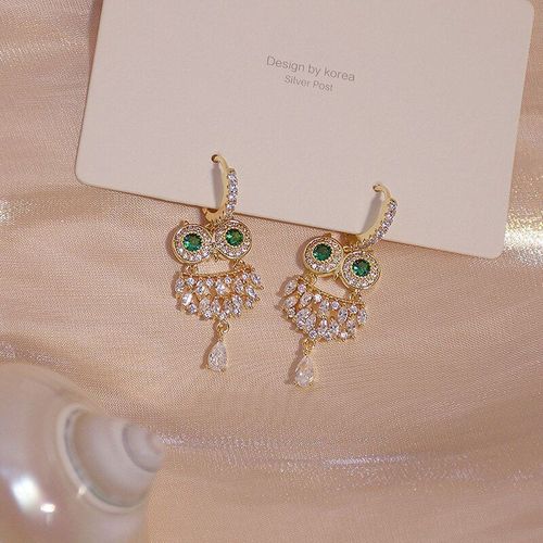 Boucles D'oreilles Hibou En Zircon Pour Femmes, En Or Véritable 14k, Cristal Vert, Pendentif Quotidien, Cadeau D'anniversaire, Aaa