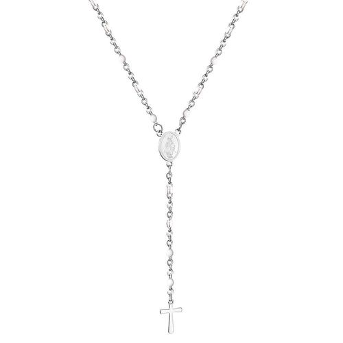 Collier Ras Du Cou En Acier Pour Femme, Bijoux Religieux, Chapelet De Perles De Couleur Blanche/Noire/Bleue, Pendentif En Croix, 40cm + 6cm