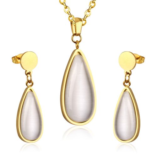 Collier Avec Pendentif En Opale Blanc/Noir/Rose/Bleu, Ensemble De Bijoux En Acier Inoxydable, Boucles D'oreilles Pendantes Pour Fête