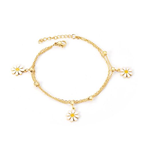 Bracelet De Luxe En Acier Inoxydable Pour Femmes, Bijou À La Mode Avec Pétales Blancs Doux, Couleur Or Et Argent, Double Chaîne
