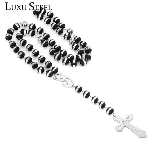 Collier Chapelet De La Vierge Marie, Perle Noire En Acier Inoxydable Avec Chaîne De Couleur Argent, Pendentif Croix