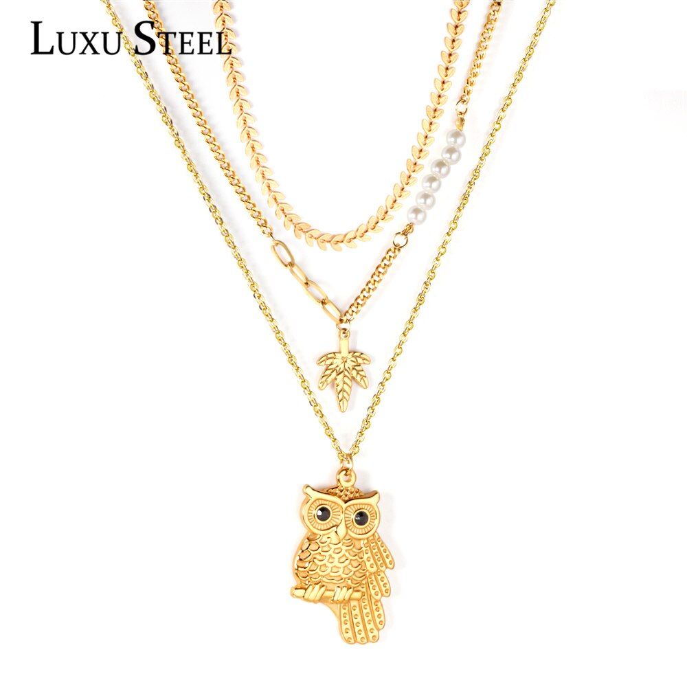 Collier Avec Pendentif Imitation Perle D'érable, Hibou, En Acier Inoxydable, Chaînes À Trois Couches